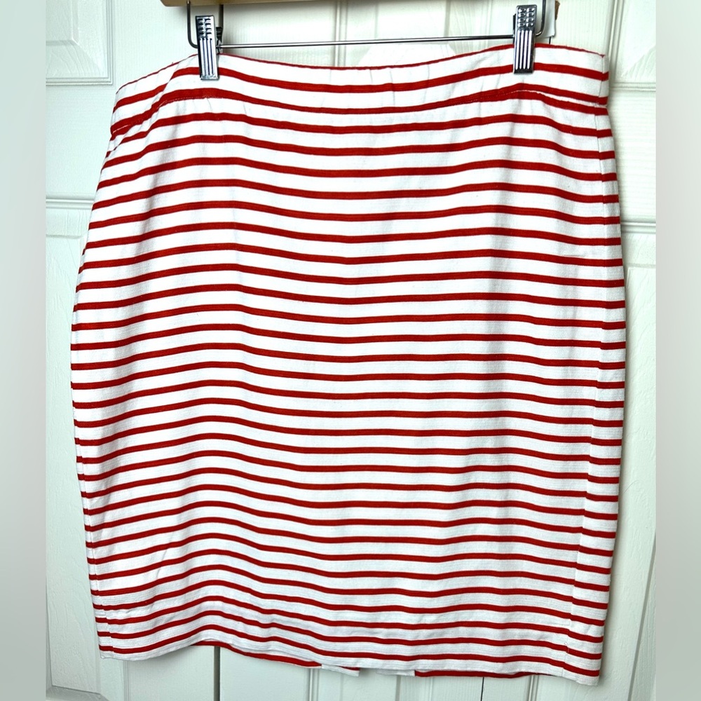 J.CREW THE Pencil Skirt Brick Red White Striped Straight Linen Blends Nautical